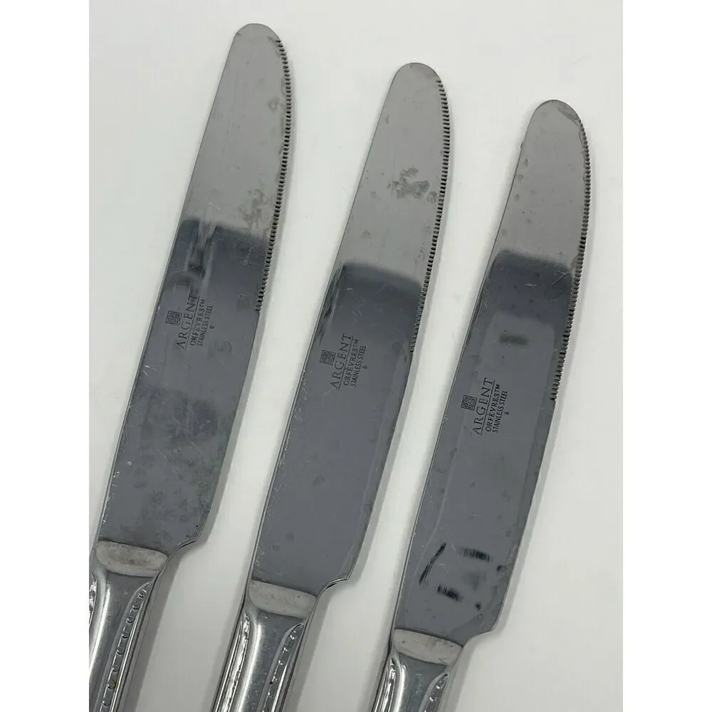 Argent Orfevres Stainless Pearl Dinner Solid Knives 9 1/2” Set Of 3